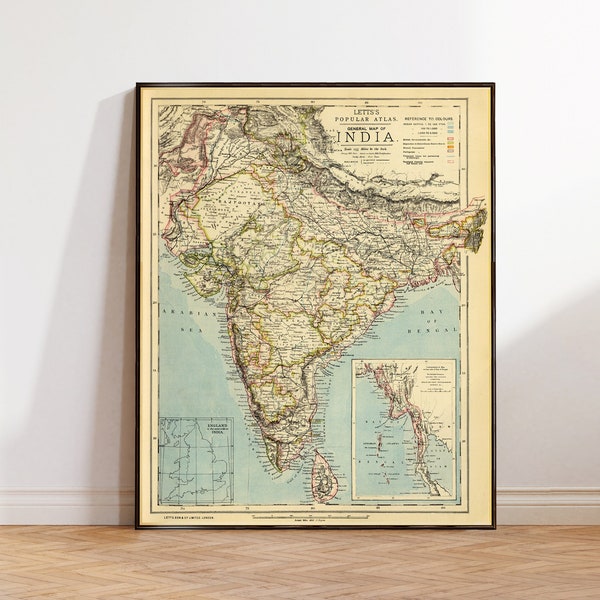 Carte vintage de l'Inde - Reproduction d'archives - Carte murale de l'Inde - Impression sur papier ou toile