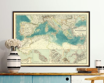 Mediterranean region map, carte de la Mer Méditerranéen, decorative large map, beach house decor, giclee fine art print