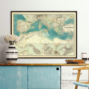 Mittelmeer Region Karte, Carte de la Mer Méditerranéen, Dekorative große Karte, Mittelmeer Karte, Strand Haus Dekor, Kunstdruck