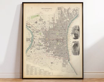 Philadelphia map from 1840, old city plan, historical map decor, vintage style decor