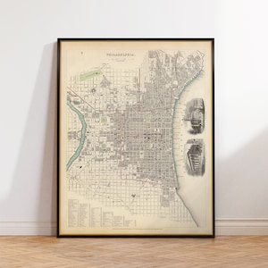 Philadelphia map from 1840, old city plan, historical map decor, vintage style decor