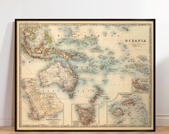 Antyczna mapa Oceanii, Australii, Nowej Zelandii i wysp Pacyfiku | Historyczny wydruk ścienny