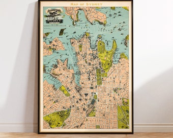 Sydney map  (Australia) - Old map of Sydney - "Aeroplane map of Sydney" -  Fine art print on paper or canvas