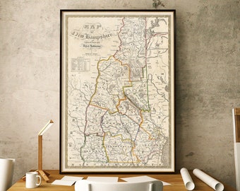 Wall map of New Hampshire, old map restored, wonderful colors, great wall decor, historical map from 1861