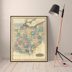Carte ancienne de l'Ohio, carte décorative, décoration d'art mural, impression de carte ancienne