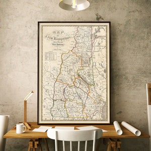 Carte murale du New Hampshire, ancienne carte restaurée, couleurs magnifiques, superbe décoration murale, carte historique de 1861