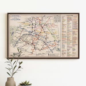 Mappa della metropolitana vintage di Parigi / Piano della metropolitana francese antica / Stampa d'archivio