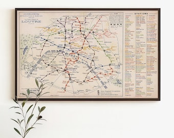 パリのアンティーク地図 - 地下鉄と鉄道の路線を表示 - 1924 年印刷