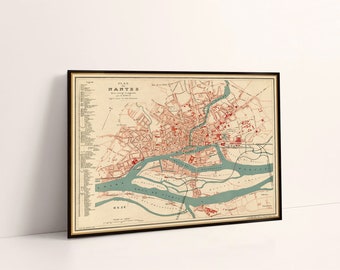 Carte de Nantes (France), ancienne carte de Nantes restaurée, ancien plan de la ville de 1895