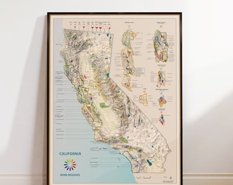 California wine map regions, American viticultural areas, detailed map, showing all wine regions in California, great bar/cellar decor