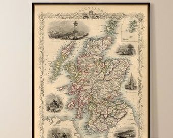 Scotland map, archival reproduction, vintage map of Scotland with iconic landmarks