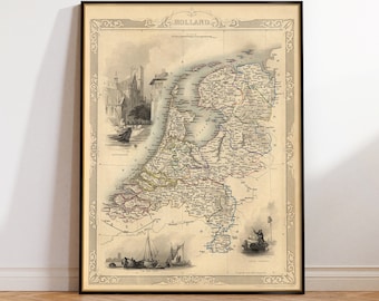 Pode incluir: Um mapa antigo da Holanda, impresso em tinta preta, marrom, azul, verde e vermelha em papel creme. O mapa mostra as províncias da Holanda, com cidades e vilas etiquetadas. O mapa está emoldurado em uma moldura preta.