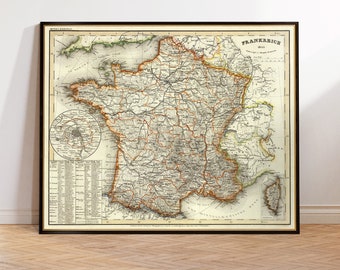 Grande carte ancienne de France, carte historique de 1845, carte murale décorative, impression sur papier ou toile