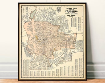 Vintage map of Pasadena, mid century city plan, wall map, restoration style house decor, map print gift idea