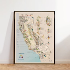 Carte des régions viticoles de Californie, régions viticoles américaines, carte détaillée, montrant toutes les régions viticoles de Californie, superbe décoration de bar/cave