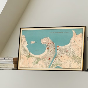 Carte vintage de Saint-Sébastien (Espagne), art du Pays basque, carte restaurée en petits caractères