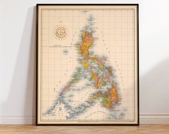 May include: A vintage map of the Philippines from 1898, printed in black, white, and shades of yellow, orange, and blue. The map shows the islands of Luzon, Visayas, and Mindanao, with the text "ISLAS FILIPINAS" and "1898" in a circle at the top.