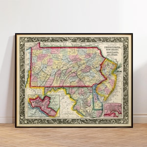 Vintage state map of Delaware, Maryland, New Jersey and  Pennsylvania - print on paper or canvas