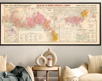 Mappa dei vini Montagne de Reims / Stampa della regione dello Champagne vintage / Atlas de la France Vinicole
