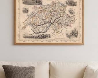 Old map of Switzerland, Swiss Confederation historical map from 1851, wall map print