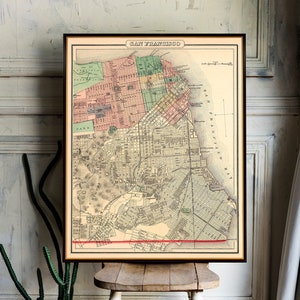 Kaart van San Francisco, oude stadsplattegrond, archiefprint, geschiedenis van uw woonplaats, kunst aan de muur decor
