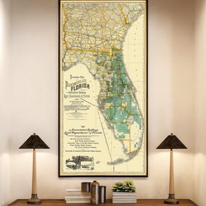 Stampa della mappa della Florida / Cartografia dello Stato d'epoca / Decorazione murale dello Stato del Sole