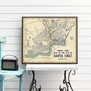 Carte de Santa Cruz (Californie), plan de la vieille ville, décoration de pendaison de crémaillère, illustration de carte historique