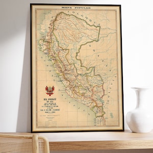 Carte du Pérou, carte ancienne de 1913, décorative, grande carte murale, cadeau péruvienne, carte historique