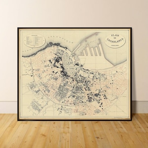 Carte de Casablanca, carte historique, impression giclée d'archives, cadeau souvenir du Maroc