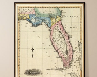 May include: An antique map of Florida from 1824, showing the state's boundaries and major cities. The map is printed in black and white with colored borders and features a compass rose and scale.