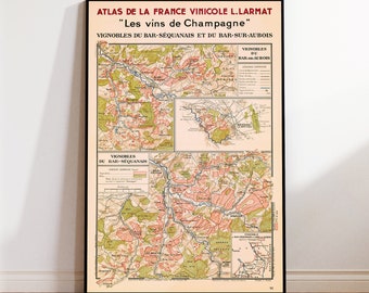 France vineyards, Champagne wine region, Côte des Bar: Bar-Sequanais and Bar-Sur-Aubois, wine map poster