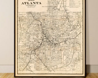 Carte d'Atlanta, carte ancienne restaurée, petits caractères d'archives, affiche de carte vintage de 1905, grande décoration murale de carte