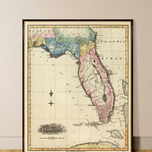 Kaart van Florida, een prachtige reproductie van de kaart van Florida, verkrijgbaar op papier of canvas
