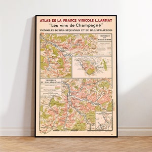 Viñedos de Francia, región vinícola de Champaña, Côte des Bar: Bar-Sequanais y Bar-Sur-Aubois, cartel del mapa del vino