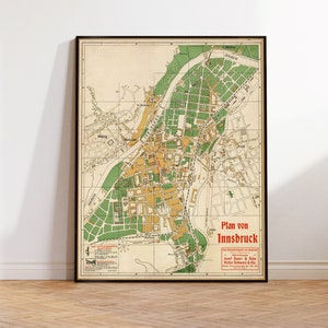 Carte d'Innsbruck - Ancienne carte imprimée en petits caractères sur papier ou toile