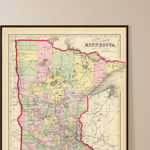Mapa de Minnesota - Mapa antiguo de Minnesota, impresión fina en papel o lienzo