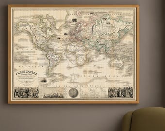 Antique Map of the World | Physical & Political Planisphere with Polar Inset and Expedition Scenes | Fine Print