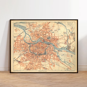 Mapa de Breslavia, letra pequeña del mapa antiguo, mapa histórico de Wroclaw