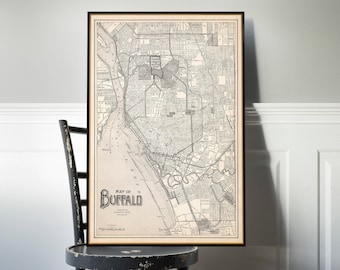 Old map of Buffalo, old city plan reproduction, two versions available, sepia & color, printed on paper or canvas, decorative wall map art