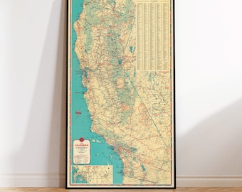 Road map of California, large vintage map print, detailed, wonderful map from 1937, up to 35 x 63", fully restored, wall decor