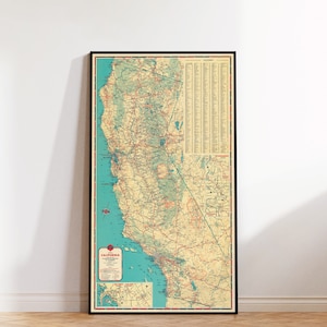 Carte routière de la Californie, grande impression de carte vintage, détaillée, magnifique carte de 1937, jusqu'à 35 x 63", entièrement restaurée, décoration murale