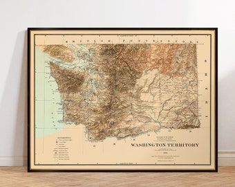 Washington Territory from 1883, old map enhanced with a shaded relief effect, art print