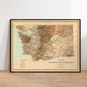 Washington Territory from 1883, old map enhanced with a shaded relief effect, art print