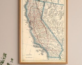 Vintage California State Map Print | Antique 19th-Century County Boundaries & Railroad Wall Art