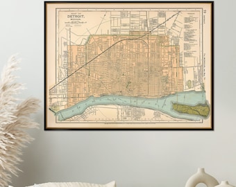 Map of Detroit, old city map print, wonderful city plan from 1891, housewarming decor