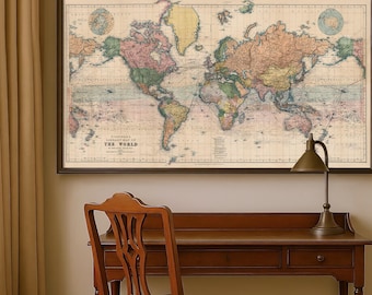 World Map on Mercator's Projection | Victorian Era Cartography Print | Antique Extra-Large Wall Art