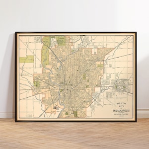 Oude stadsplattegrond van Indianapolis, gedetailleerde vintage stratenkaart, oude kaart cadeau voor huisherinrichting, fine art print op papier of canvas