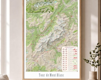 Kaart van de Tour du Mont Blanc | Gedetailleerde TMB-wandelroute met klassieke route en alternatieven | Wandelkaart van de Alpen
