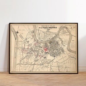 Grenoble map - La carte de Grenoble- Old map restored - Archival print on paper or canvas
