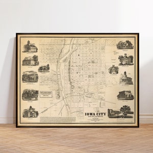 Mapa de Iowa City, mapa de parede de Iowa City de 1854, mapa lindamente restaurado, impressão em papel ou tela